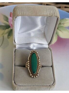 Vintage 70s Bell Trading Post Southwestern Sterling Malachite Ring Size 6.25